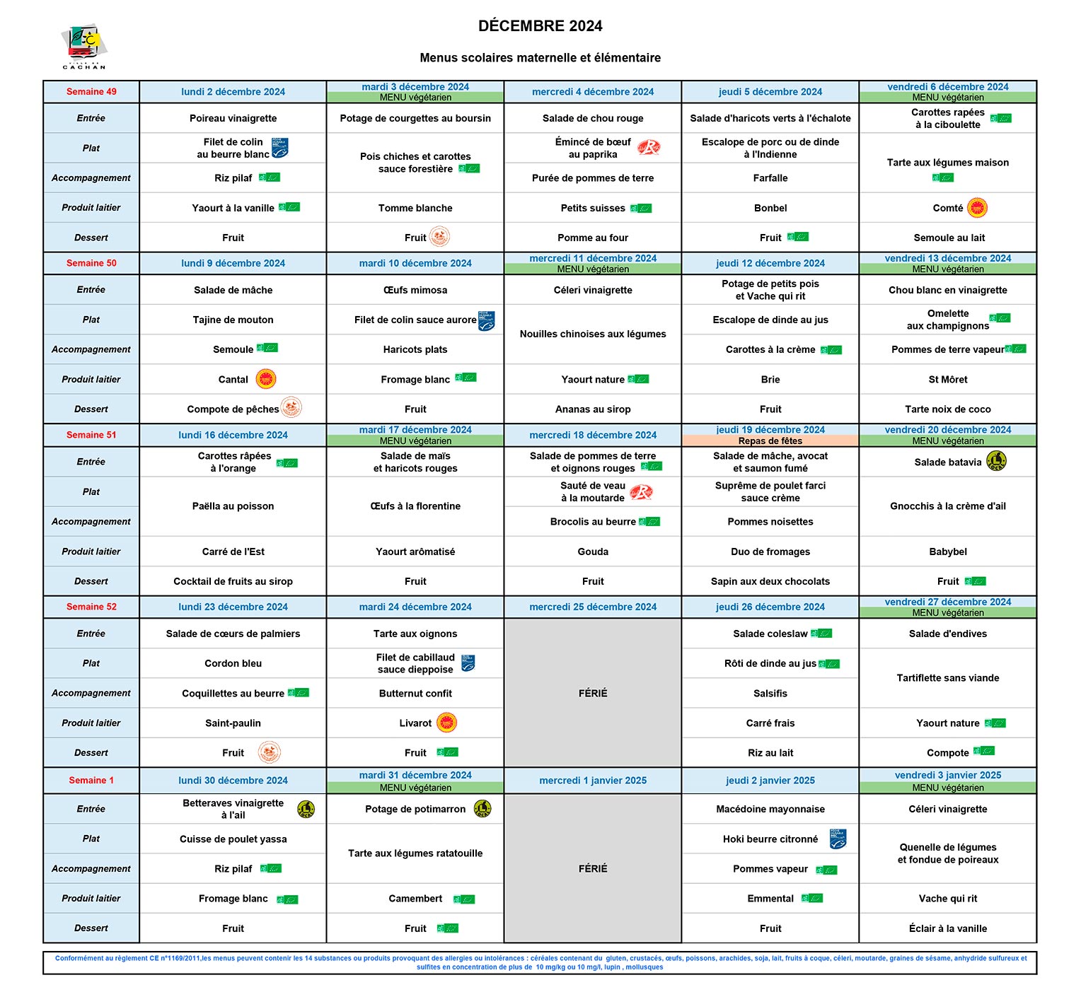 Menus scolaires Cachan Decembre 2024